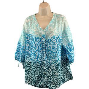 Just My Size Womens 1X Top Button Up 3/4 Sleeve VNeck Cotton Dip Dye Lightweight